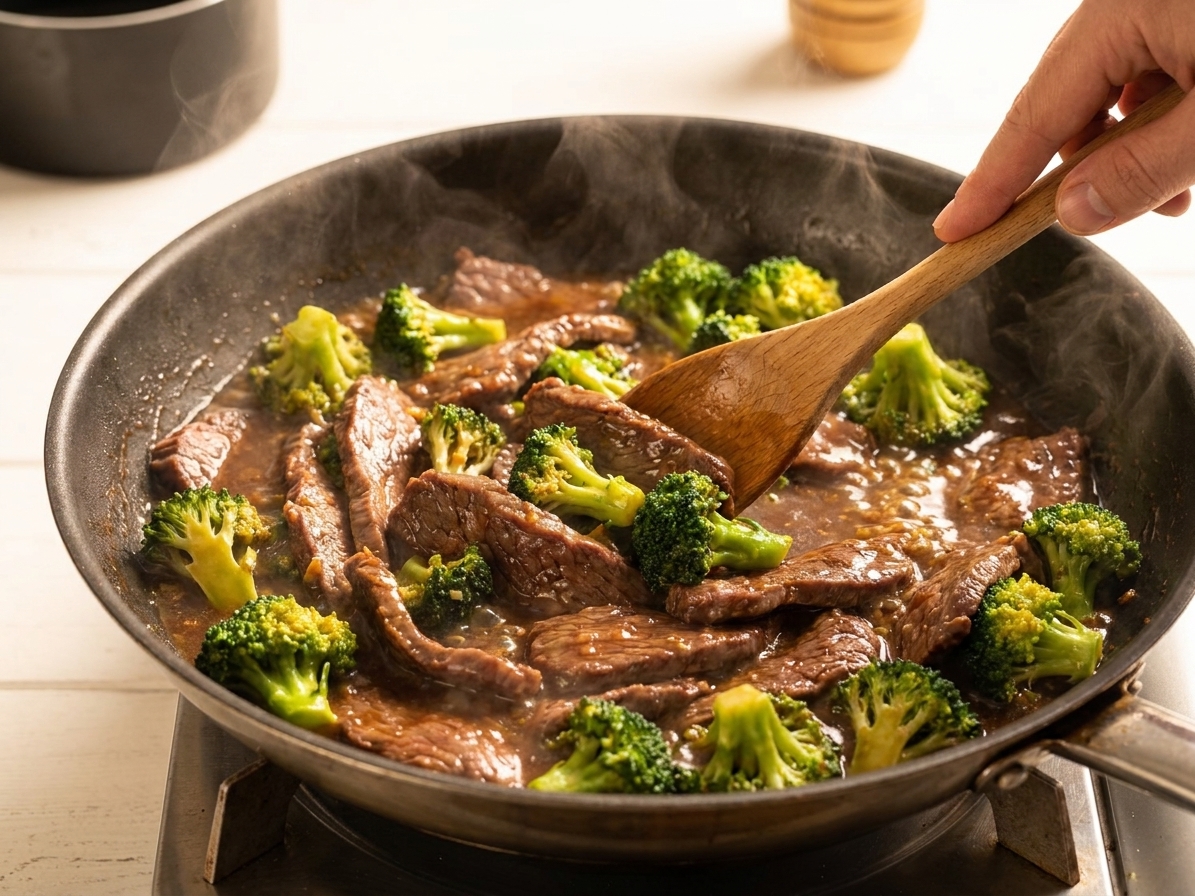 Beef and broccoli simmering in a skillet with a glossy brown sauce, a wooden spoon stirring on a stovetop with warm kitchen lighting