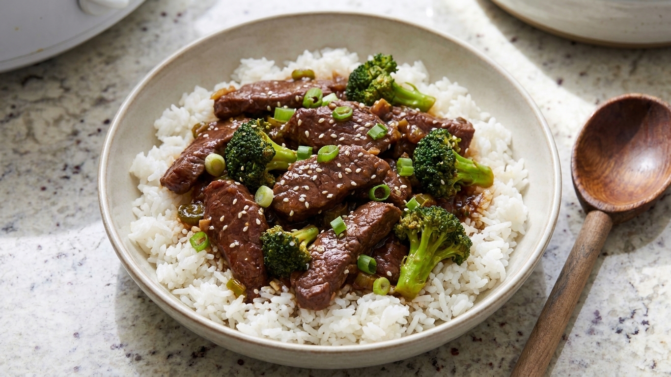 Beef and broccoli spooned over steamed white rice in a shallow bowl, garnished with green onions and sesame seeds