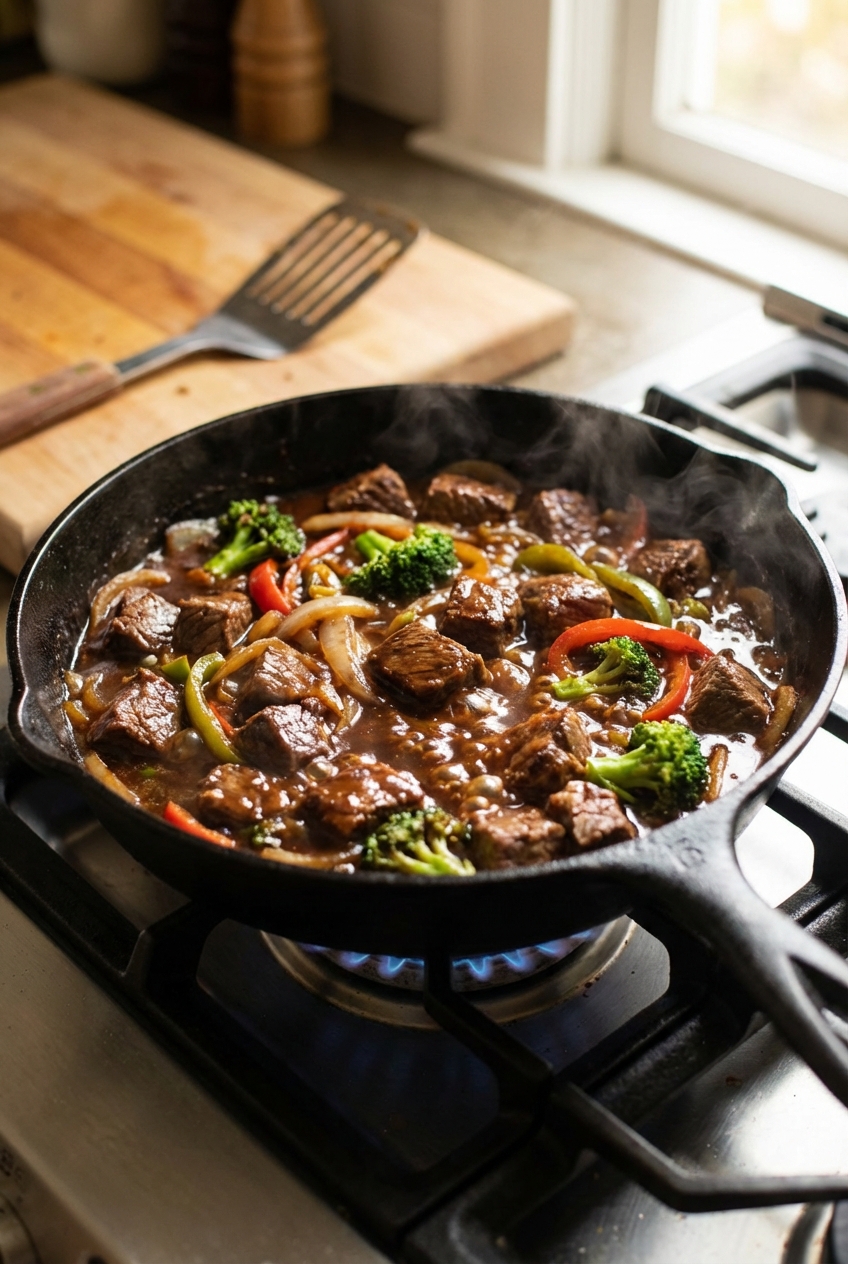 Beef and vegetables simmering in a skillet as a glossy smoky sauce thickens