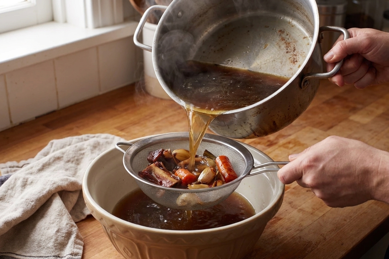 Beef bone broth being poured through a fine mesh strainer into a large bowl on a clean kitchen counter