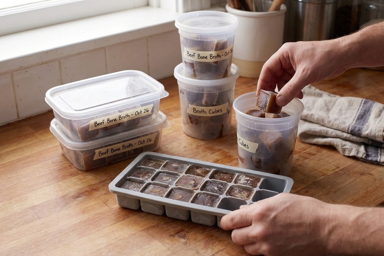 Beef bone broth frozen into cubes in a silicone tray next to labeled freezer containers on a kitchen counter