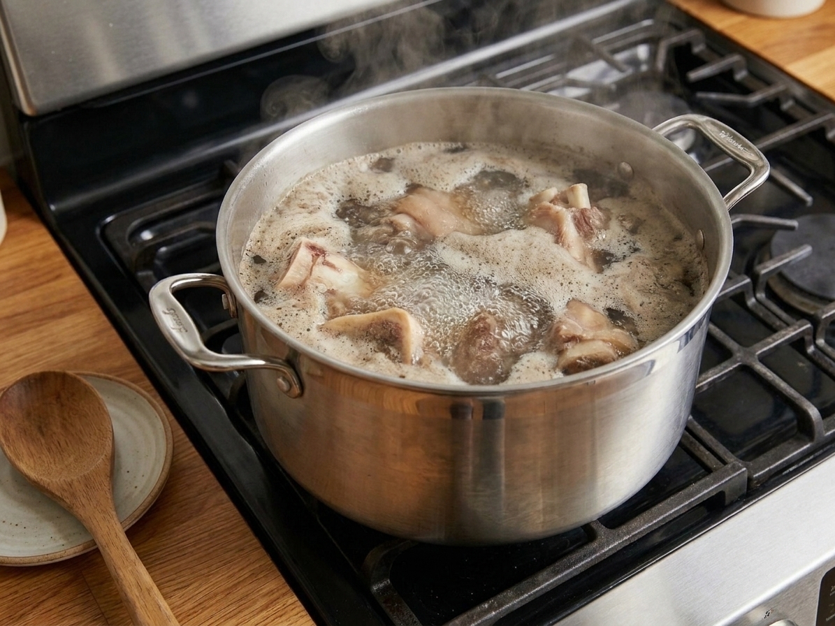 Beef bones boiling in a large stockpot on a home stove with foam rising to the surface
