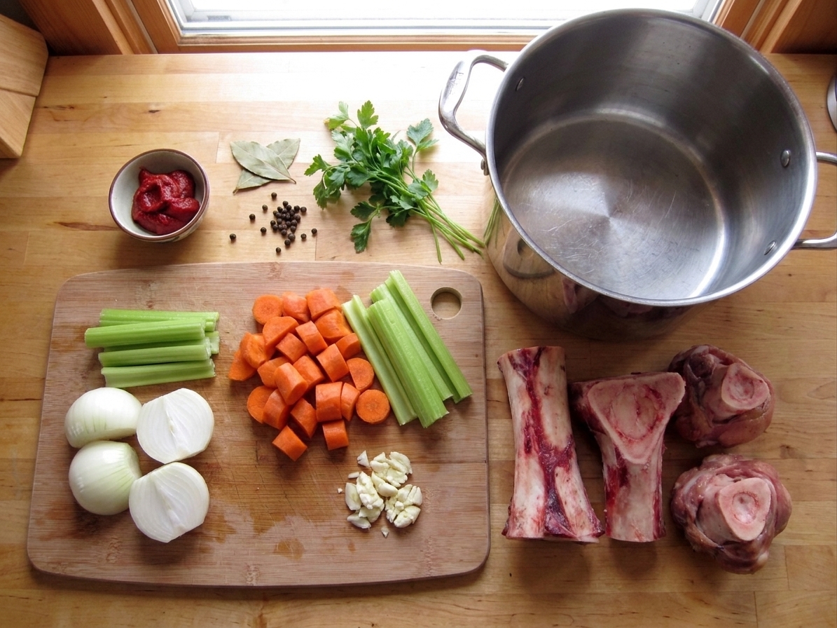 Beef bones, onion, carrots, celery, garlic, tomato paste, bay leaves, peppercorns, and parsley arranged on a kitchen counter with a large stockpot nearby