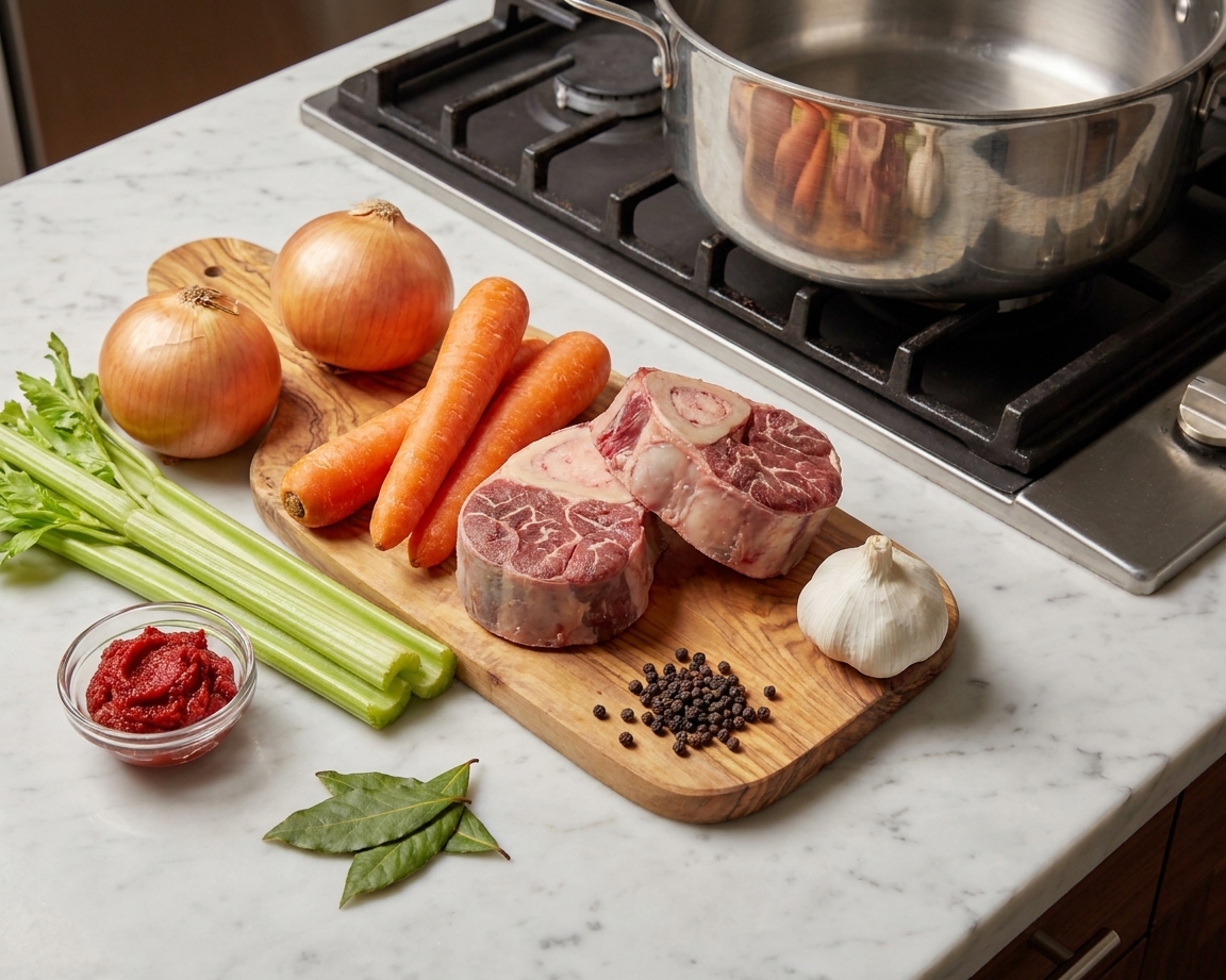 Beef bones, onions, carrots, celery, garlic, tomato paste, bay leaves, and peppercorns arranged on a clean kitchen counter ready for cooking