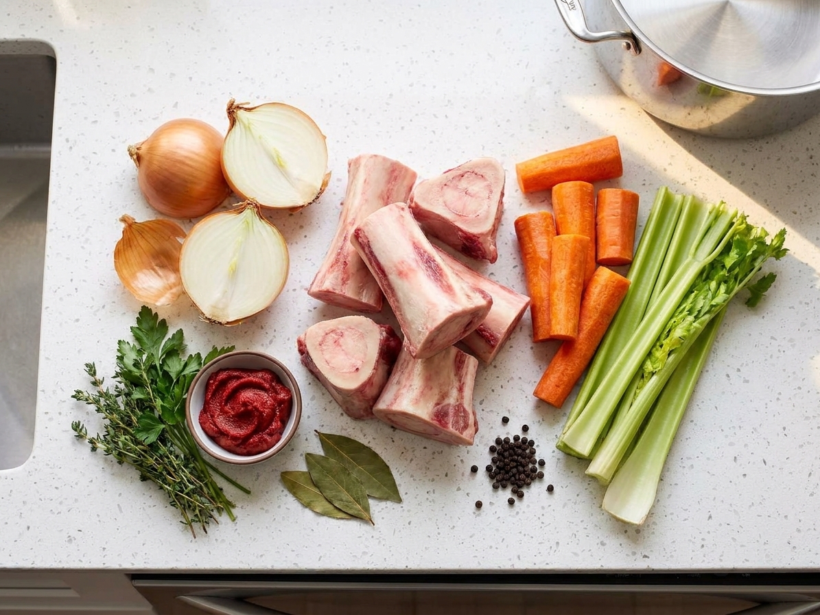 Beef bones, onions, carrots, celery, tomato paste, herbs, and peppercorns arranged on a clean kitchen counter in warm natural light