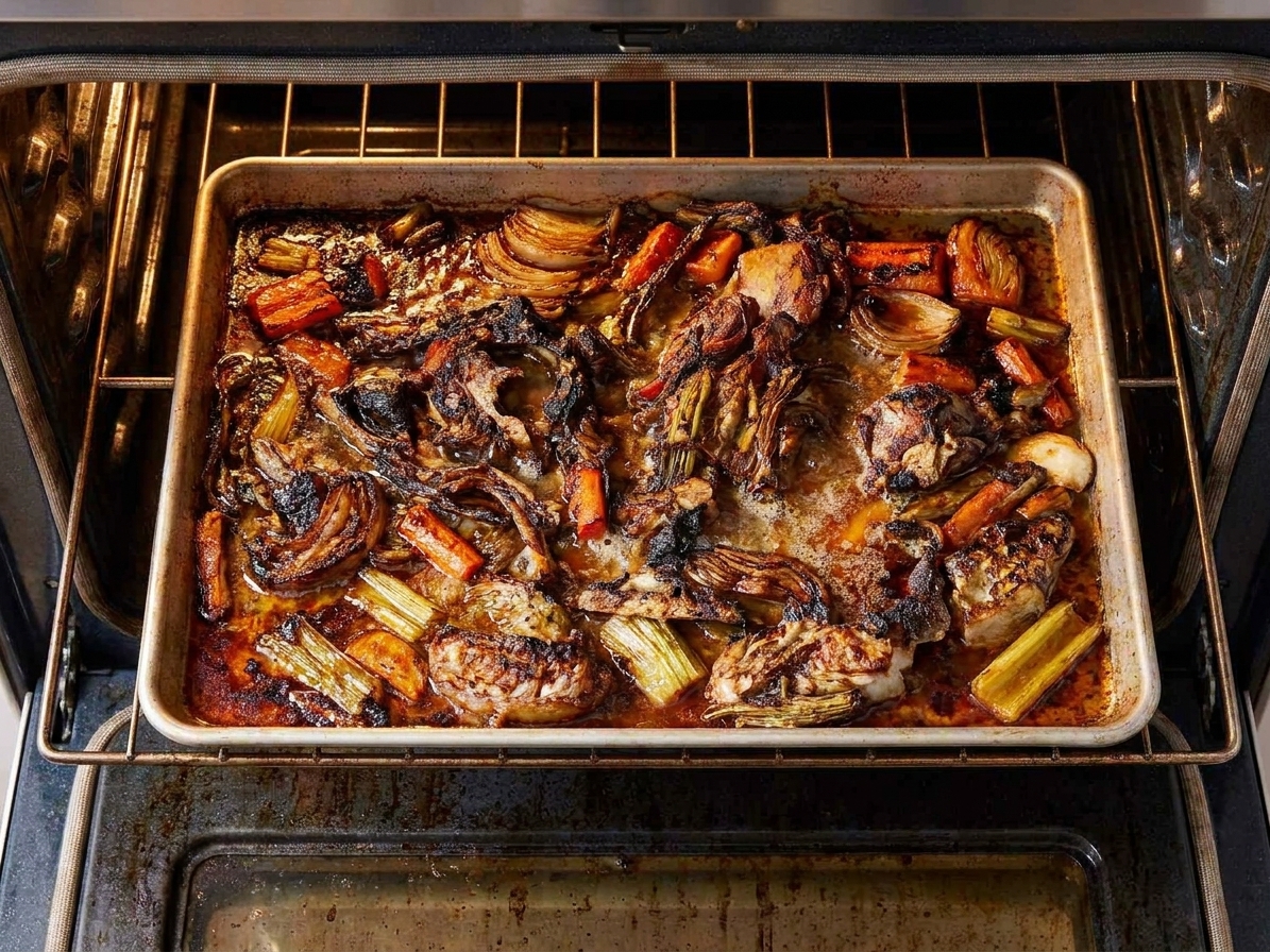 Beef bones roasting on a sheet pan in a home oven, browned and sizzling with rendered fat