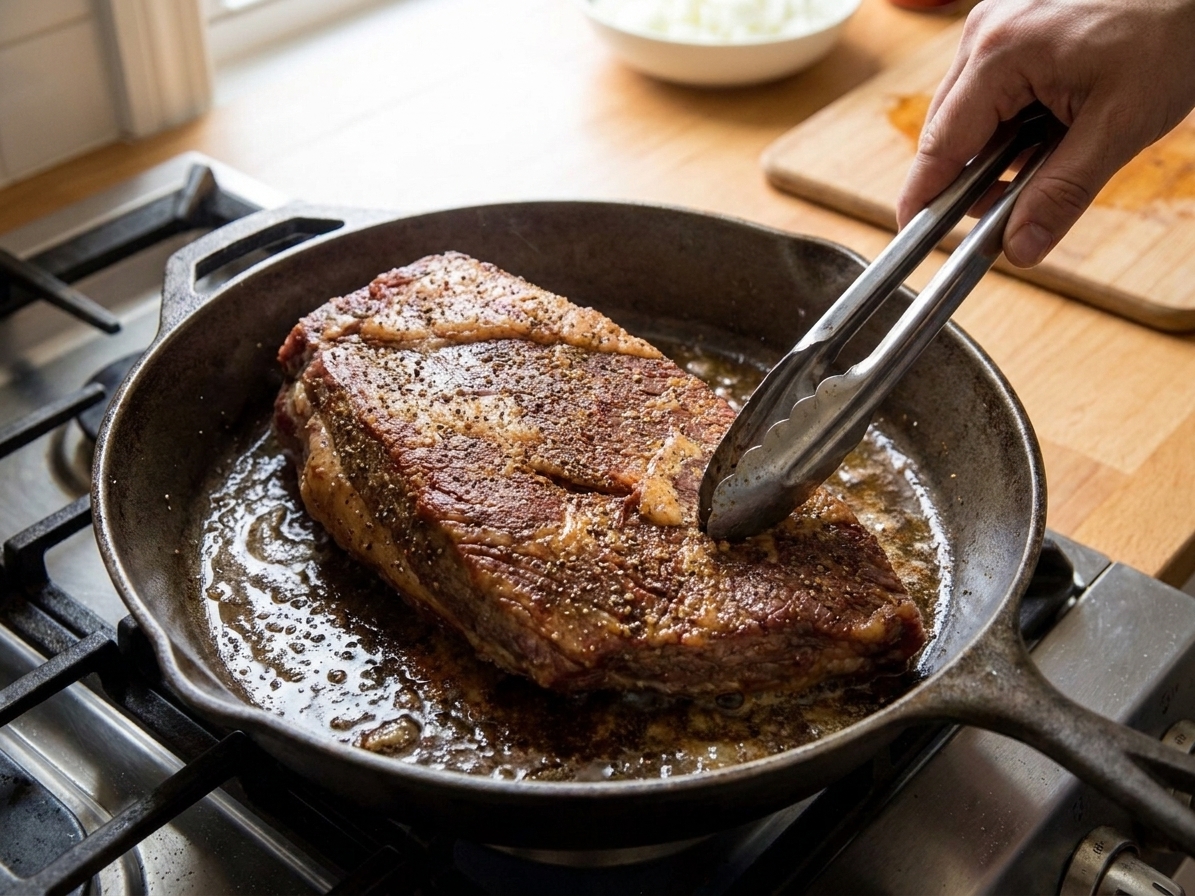 Beef brisket browning in a cast iron skillet with a deep golden crust forming