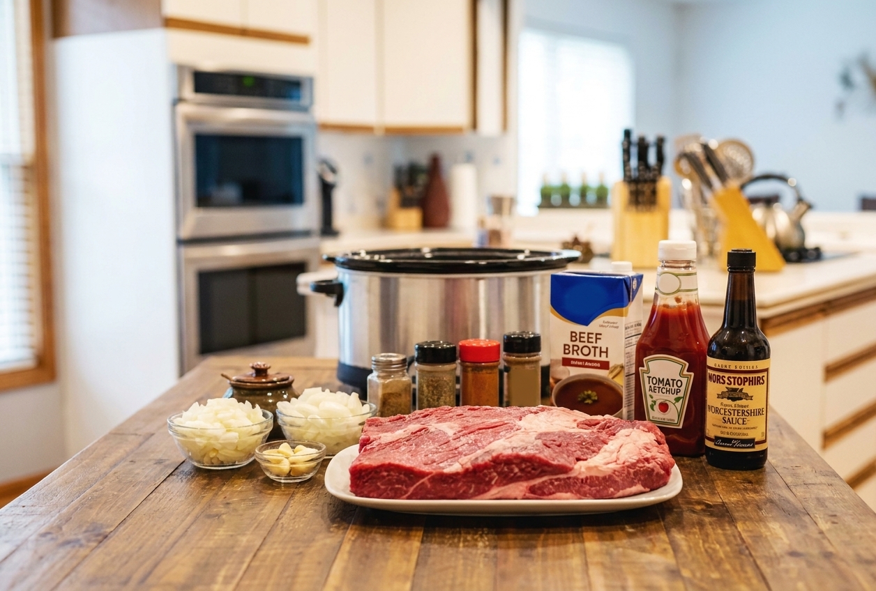 Beef brisket, onions, garlic, spices, broth, ketchup, and Worcestershire arranged on a clean kitchen counter with a slow cooker in the background