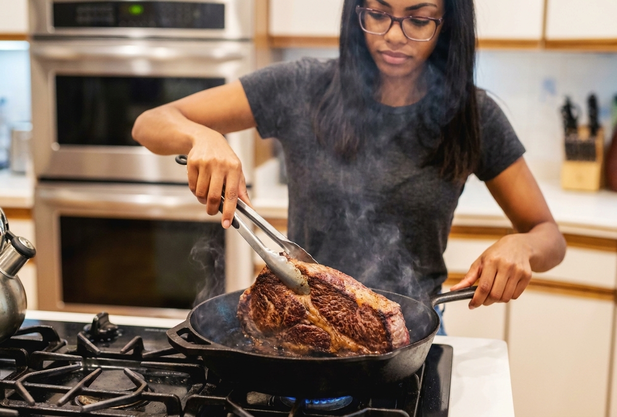 Beef brisket searing in a hot cast iron skillet with browned crust forming, kitchen stove in the background