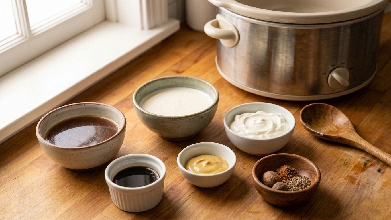 Beef broth, Worcestershire sauce, Dijon mustard, cream, sour cream, and spices measured out in small bowls on a kitchen counter