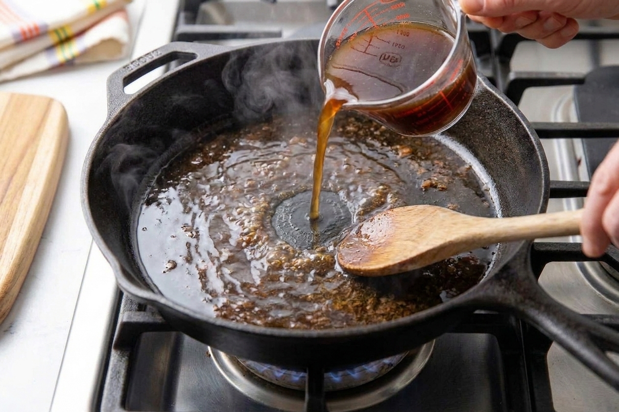 Beef broth being poured into a skillet to deglaze, with browned bits loosening as a wooden spoon scrapes the pan