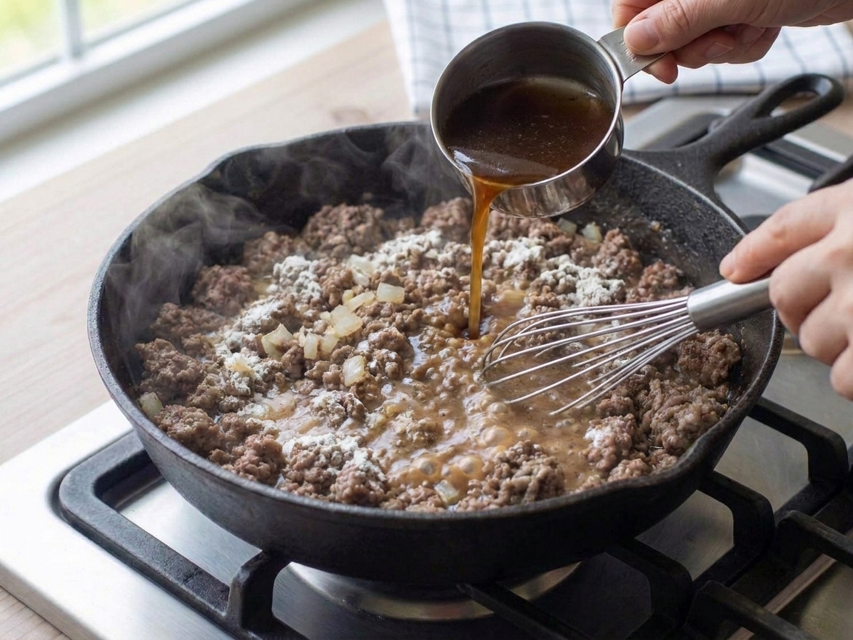 Beef broth being poured into a skillet with floured ground beef while a whisk stirs to form a smooth gravy