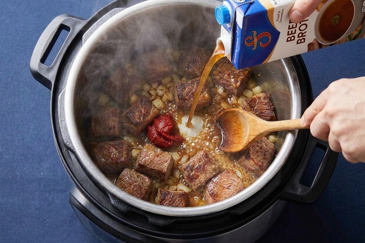 Beef broth being poured into an Instant Pot insert to deglaze browned bits with onions and tomato paste