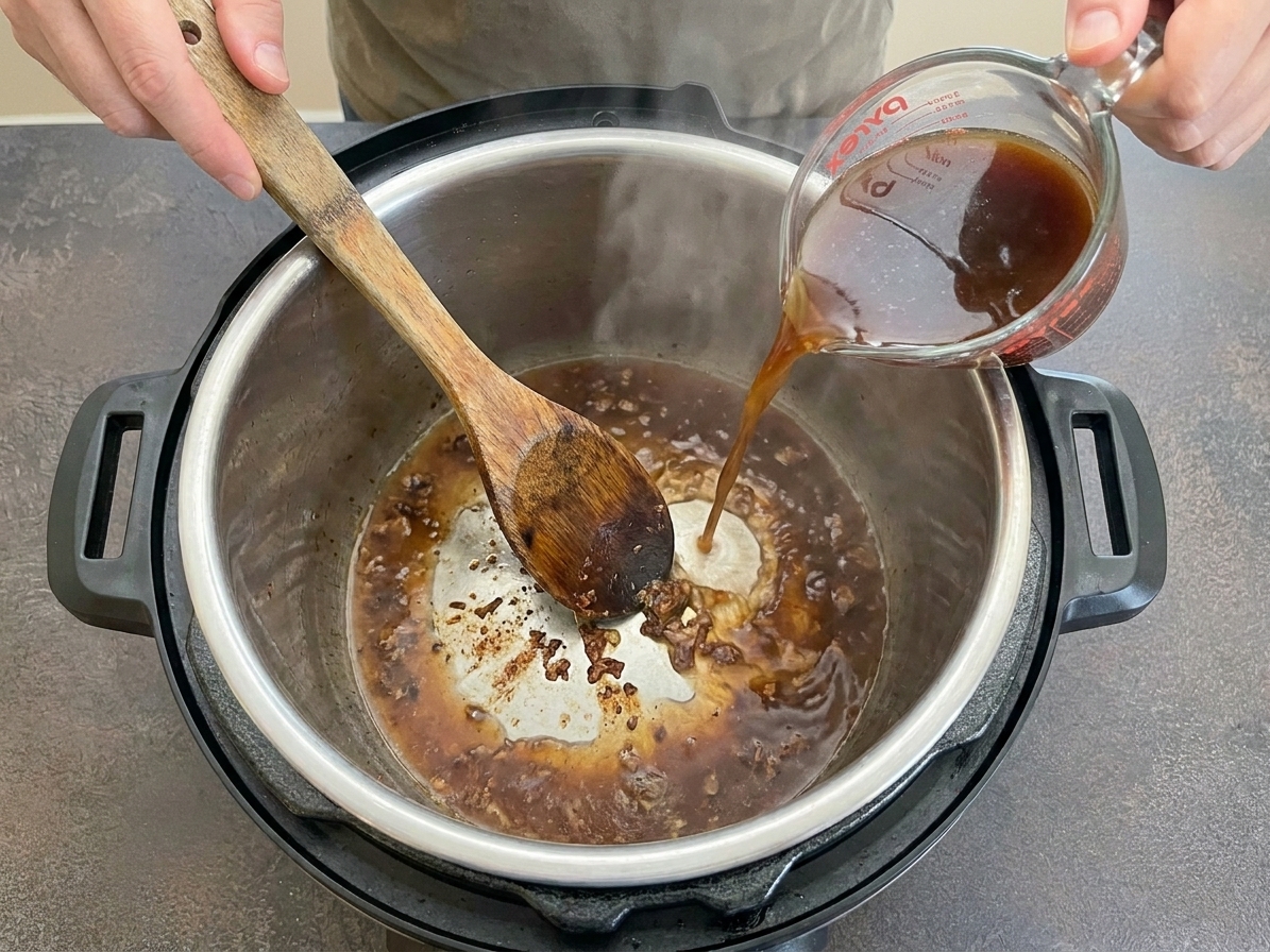 Beef broth being poured into the Instant Pot inner pot while a wooden spoon scrapes browned bits from the bottom