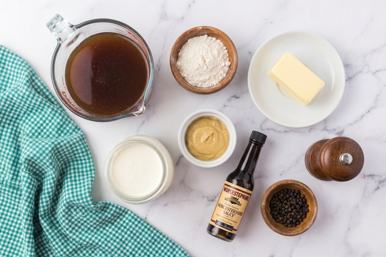 Beef broth, butter, flour, cream, Dijon mustard, Worcestershire sauce, and black pepper arranged on a light kitchen counter