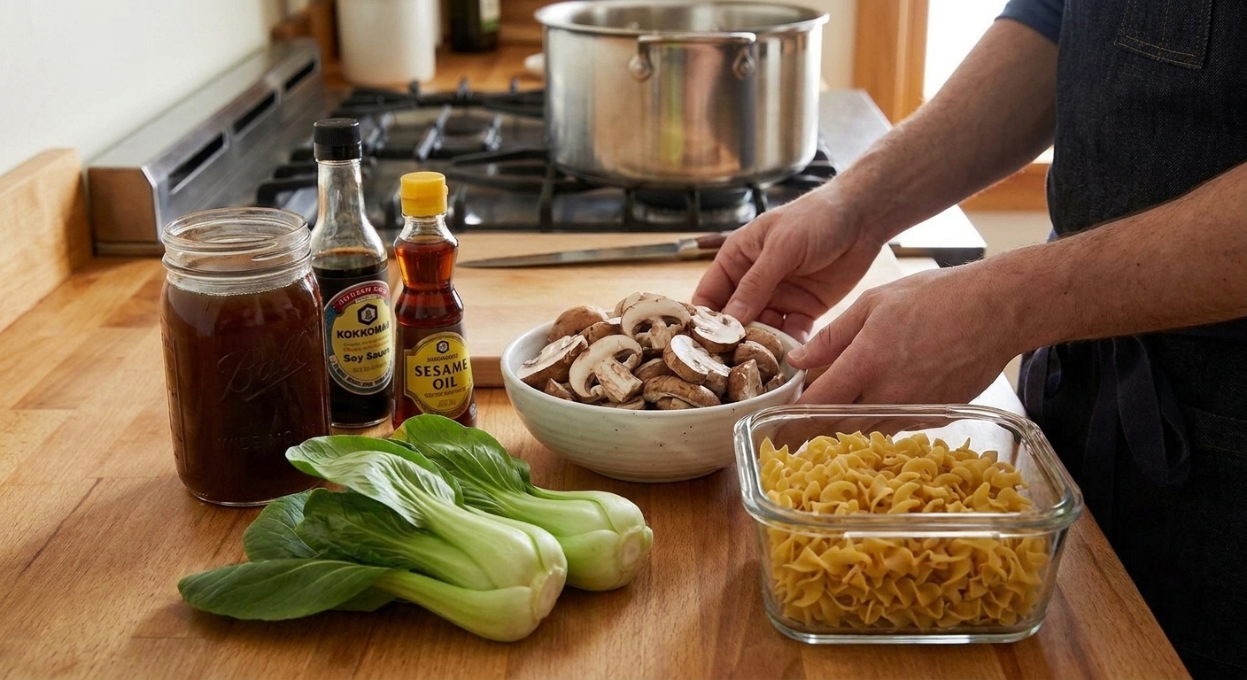 Beef broth, soy sauce, sesame oil, sliced mushrooms, bok choy, and noodles arranged on a kitchen counter ready for cooking