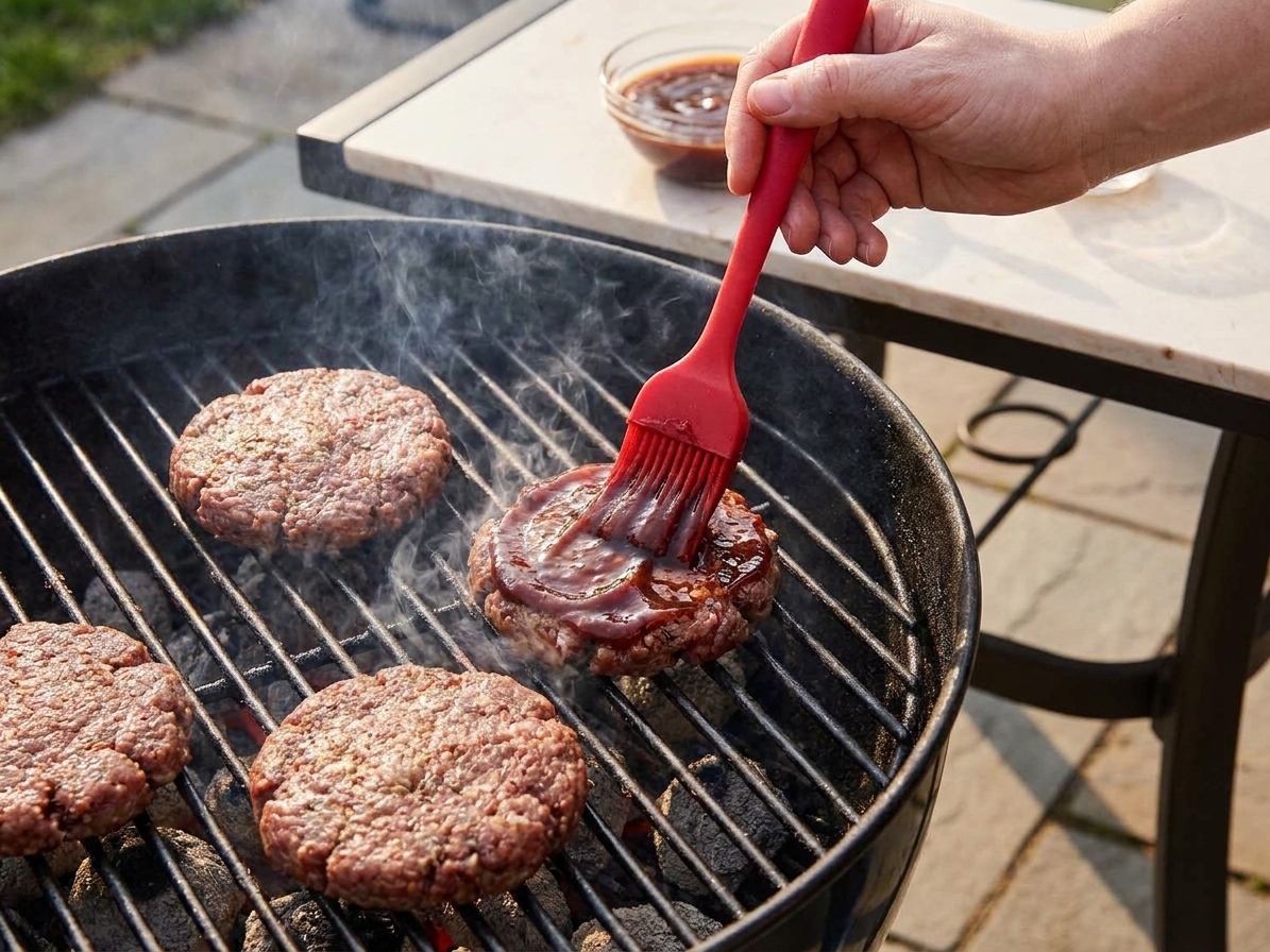 Beef burger patties sizzling on a backyard grill as barbecue sauce is brushed onto the tops with a silicone brush