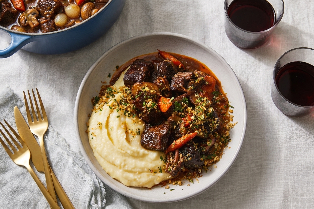Beef burgundy ladled over creamy mashed potatoes in a bowl with parsley on top