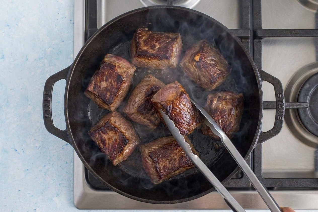 Beef chuck chunks browning in a Dutch oven with deep caramelized edges