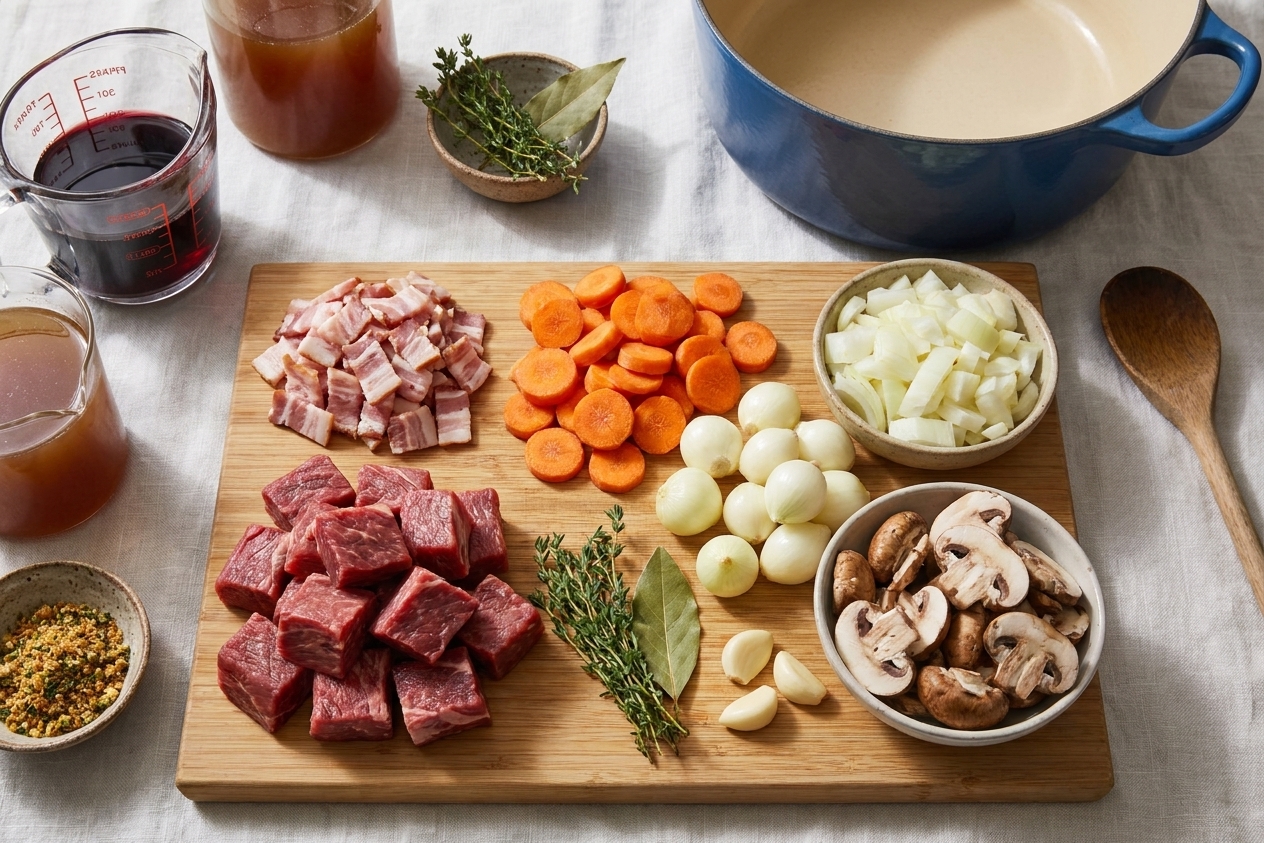 Beef chuck cubes, bacon, carrots, onions, garlic, mushrooms, pearl onions, red wine, beef broth, and herbs arranged together for cooking