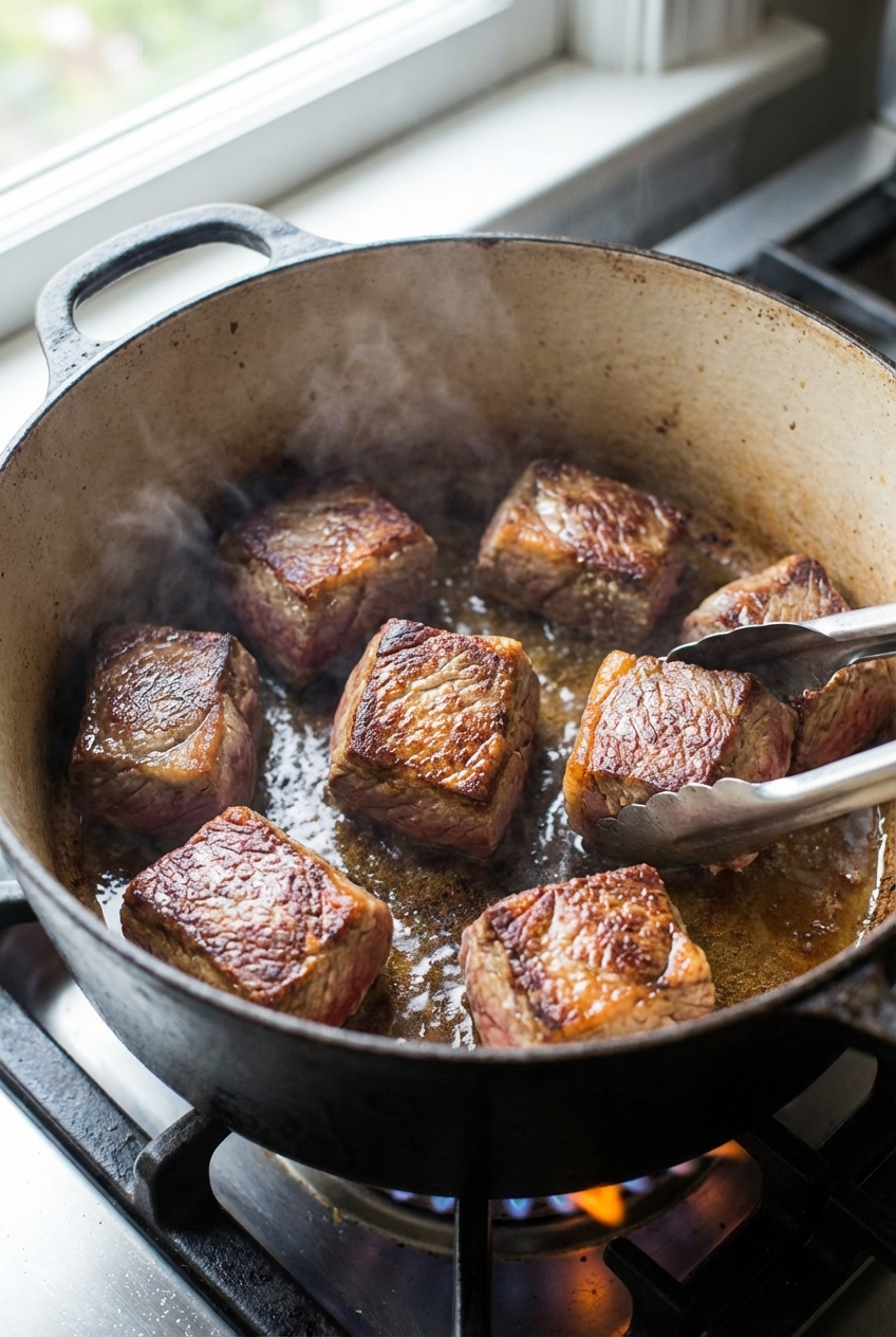 Beef chuck cubes being browned in a heavy pot with visible golden crust