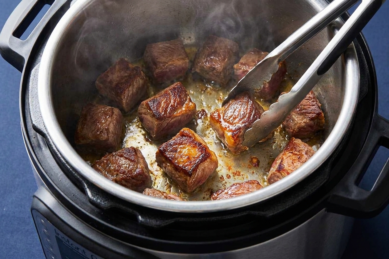 Beef chuck cubes being browned in a stainless steel Instant Pot insert with a golden crust forming on the edges