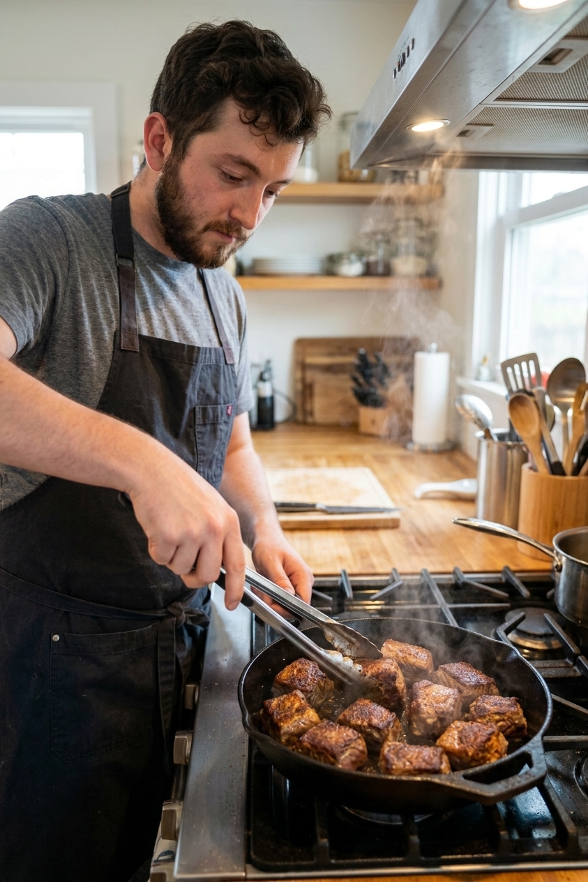 Beef chuck cubes browning in a hot skillet with a deep golden crust forming, steam rising in a home kitchen