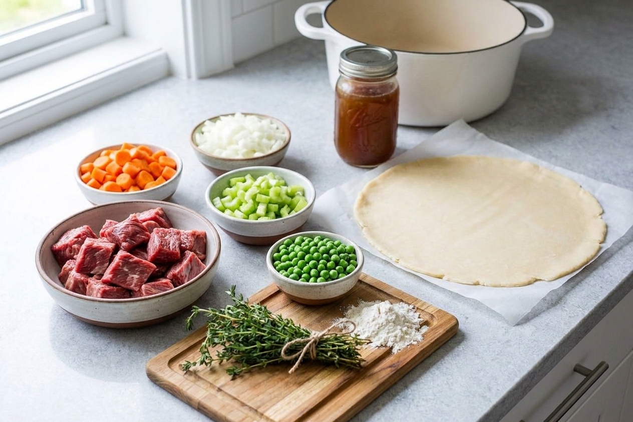 Beef chuck cubes, carrots, onion, celery, peas, thyme, flour, broth, and a refrigerated pie crust arranged on a bright kitchen counter