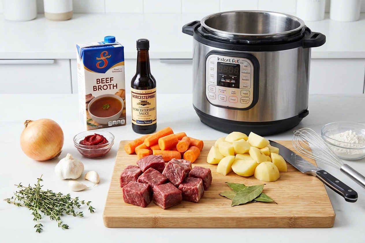 Beef chuck cubes, carrots, potatoes, onion, garlic, tomato paste, beef broth, Worcestershire, and herbs arranged on a bright kitchen counter