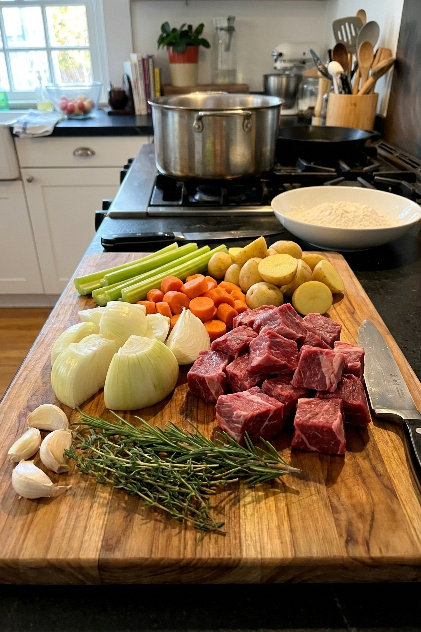 Beef chuck cubes, chopped onions, carrots, celery, potatoes, garlic, and herbs arranged on a wooden cutting board in a home kitchen, real photo style