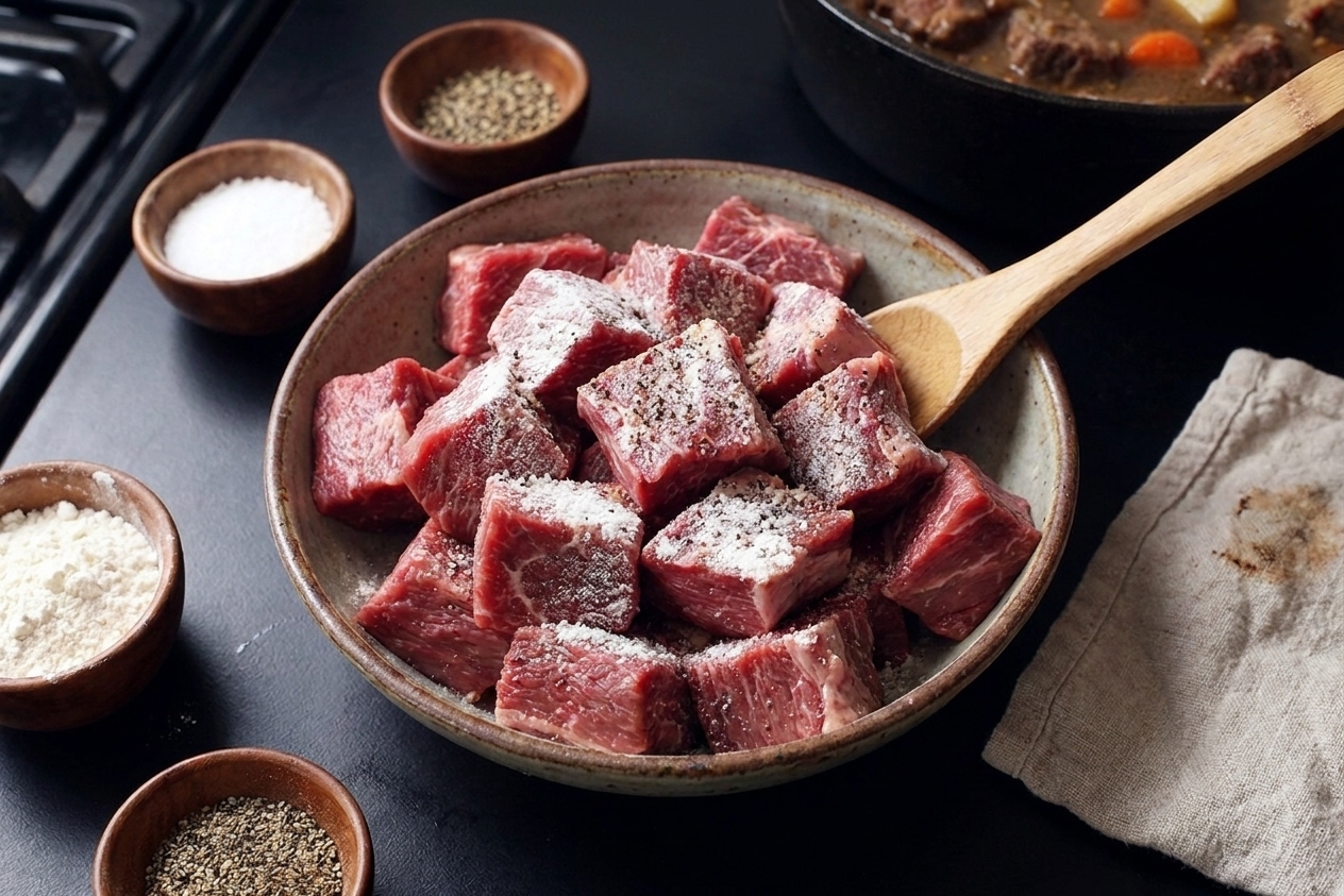 Beef chuck cubes in a bowl lightly coated with flour, salt, and pepper on a kitchen counter