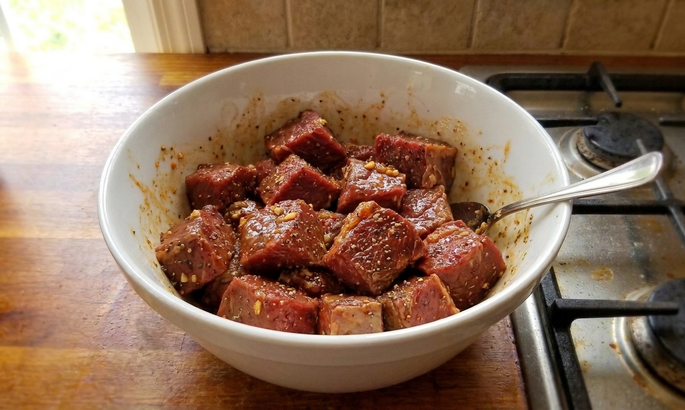 Beef chuck cubes in a mixing bowl coated with spices and marinade, ready to cook on a kitchen counter
