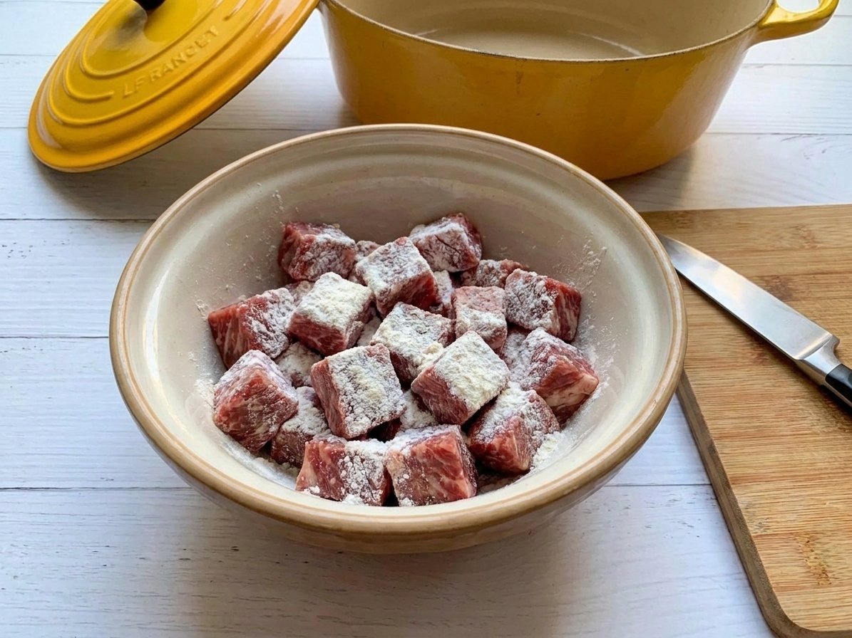 Beef chuck cubes lightly coated in flour in a mixing bowl on a kitchen counter