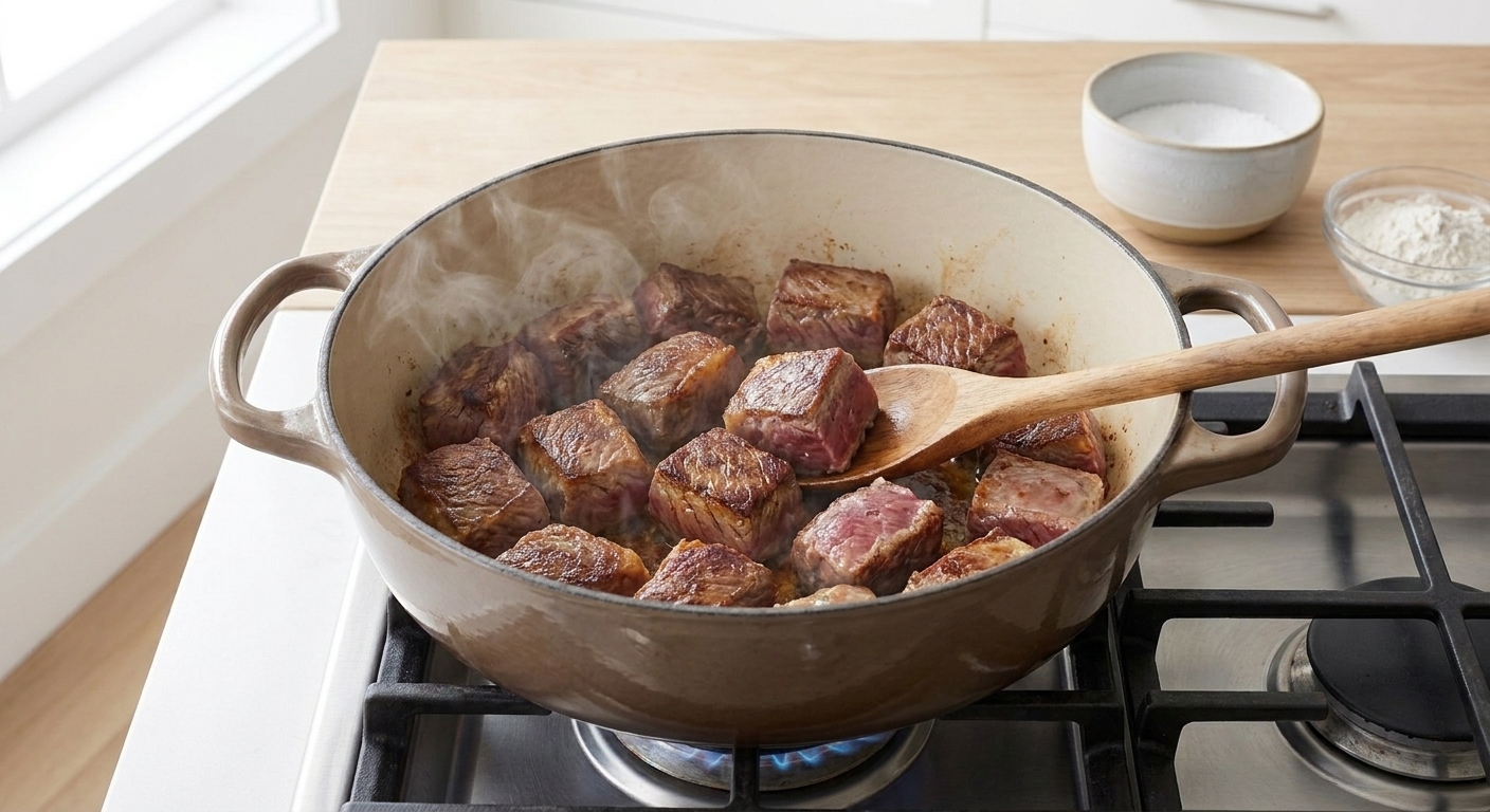 Beef chuck pieces browning in a Dutch oven on a stovetop with visible caramelized edges