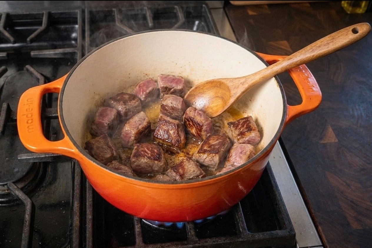Beef chuck pieces browning in a Dutch oven with caramelized edges forming on the meat, stovetop cooking action