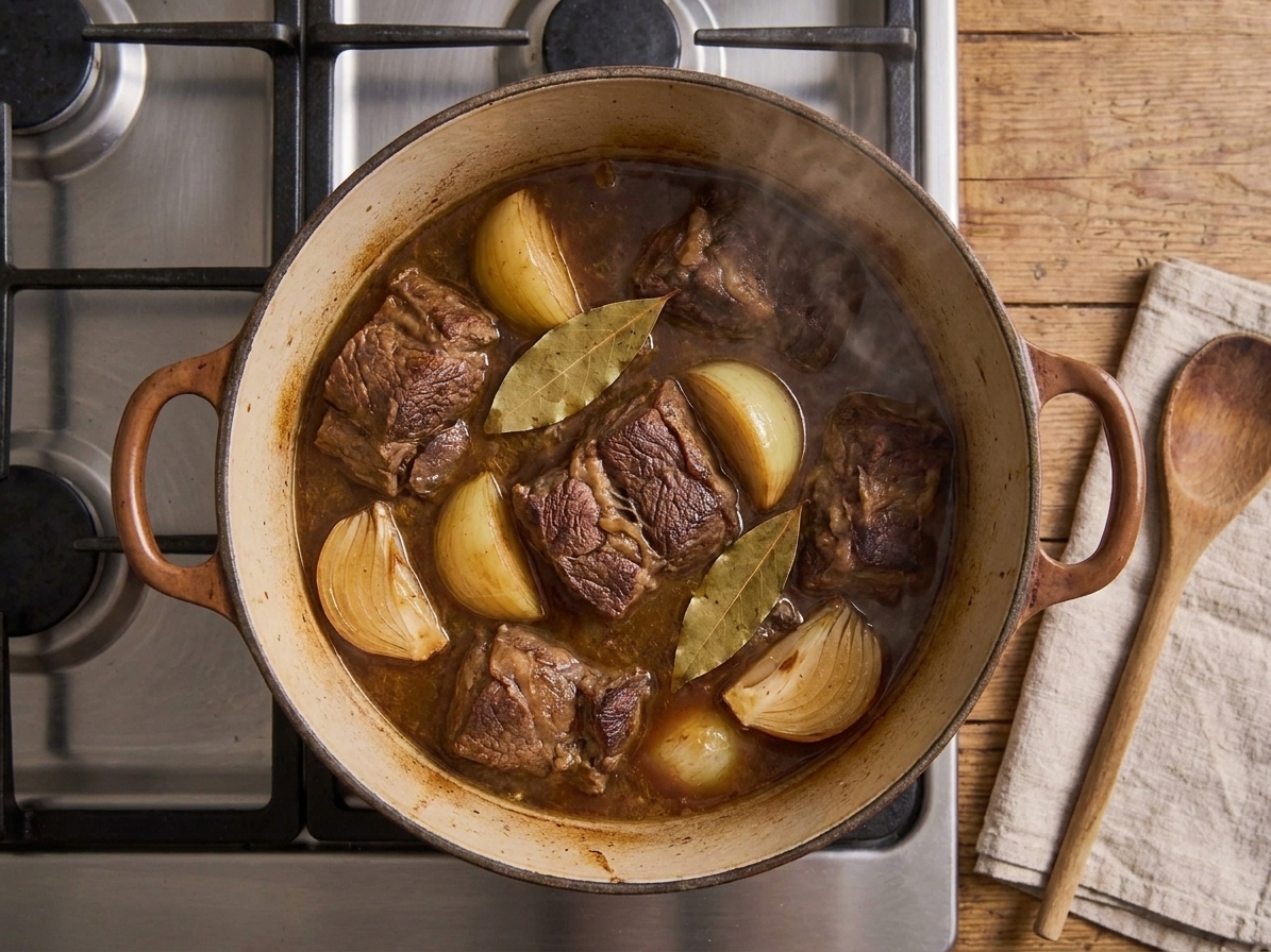 Beef chuck pieces gently simmering in a large pot with onion and bay leaves on a stovetop