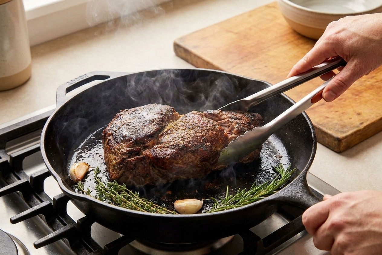 Beef chuck roast browning in a hot cast iron skillet with browned edges and a bit of steam rising