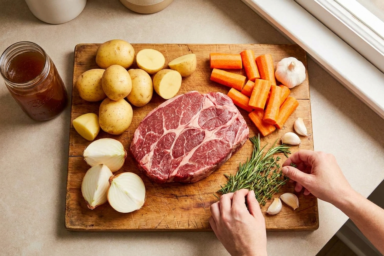 Beef chuck roast on a cutting board surrounded by carrots, Yukon gold potatoes, onion, garlic, beef broth, and herbs on a neutral kitchen counter