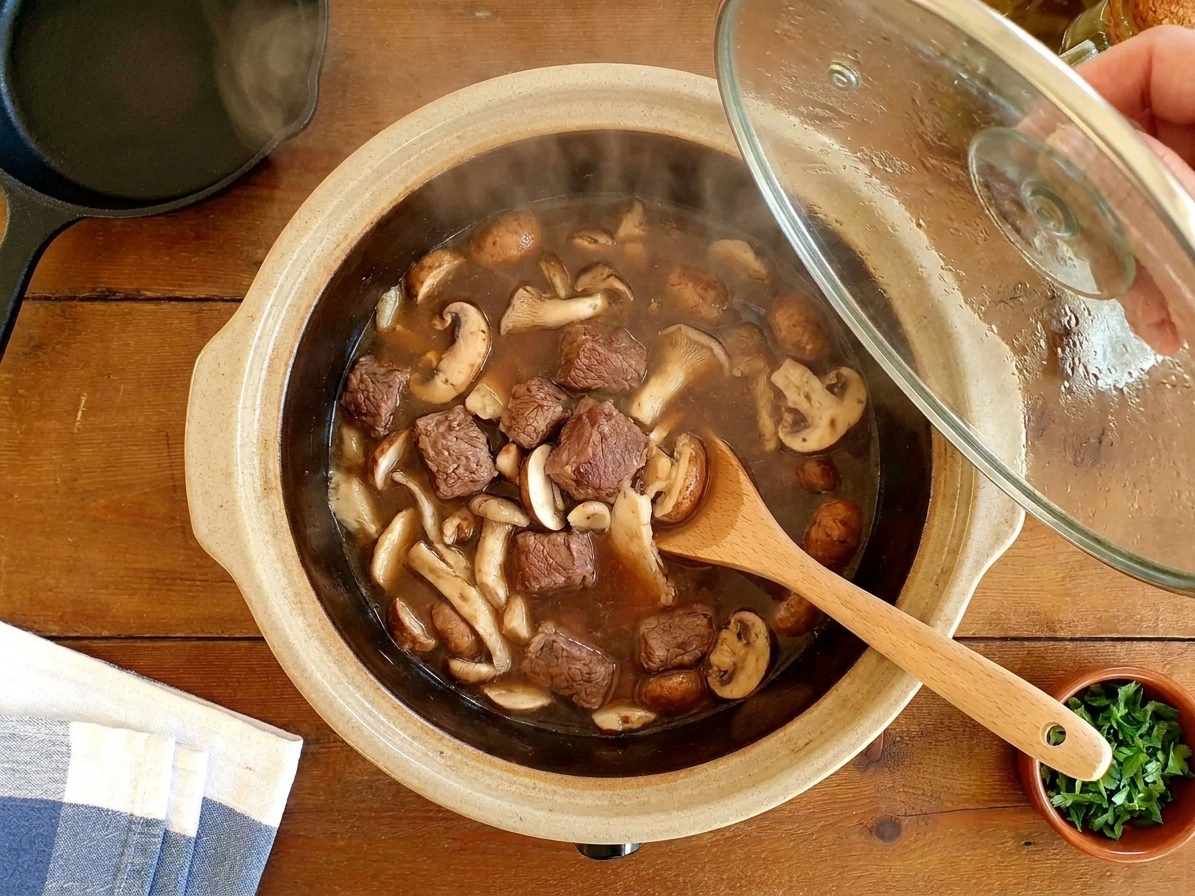 Beef chunks and sliced mushrooms simmering in a slow cooker with a rich brown broth, lid lifted slightly to show steam in a home kitchen