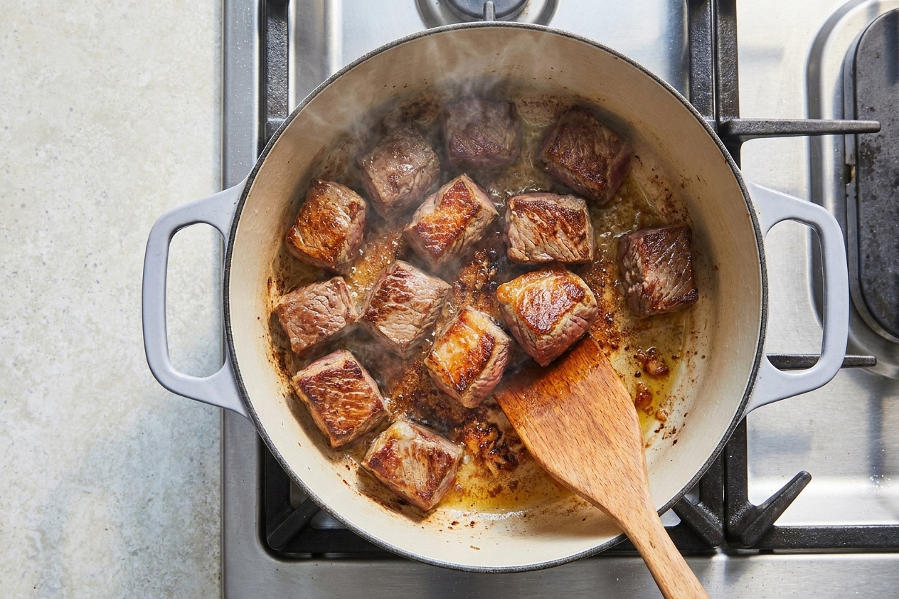 Beef chunks browning in a Dutch oven with a golden crust forming on the edges on a stovetop