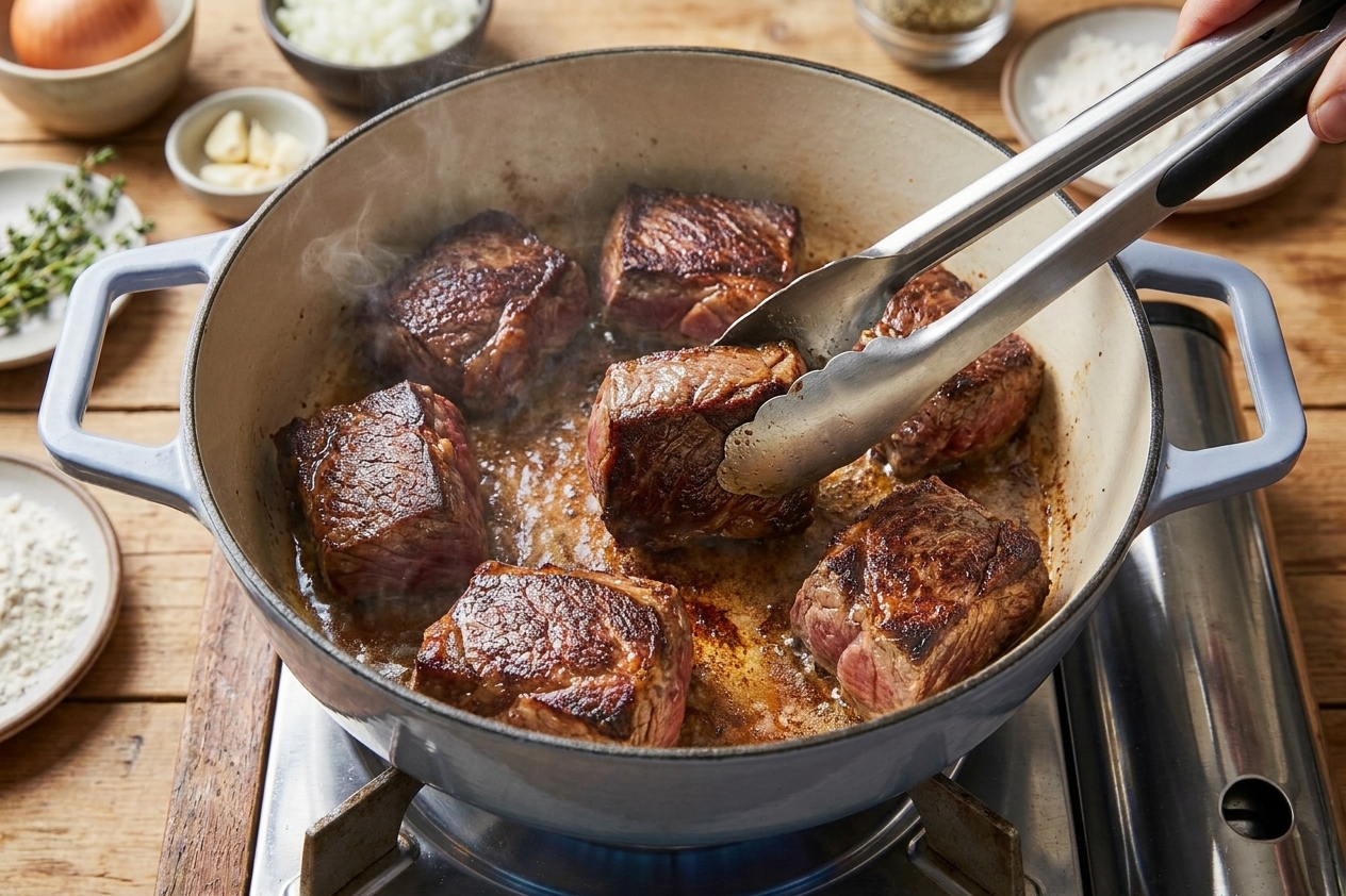 Beef chunks browning in a Dutch oven with browned edges forming, tongs turning the meat over a stovetop burner