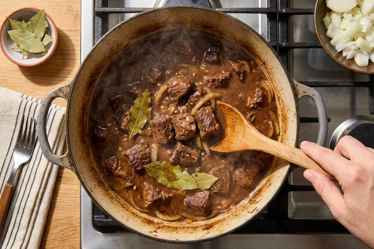 Beef chunks gently simmering in a large pot with onion and bay leaves visible on the surface