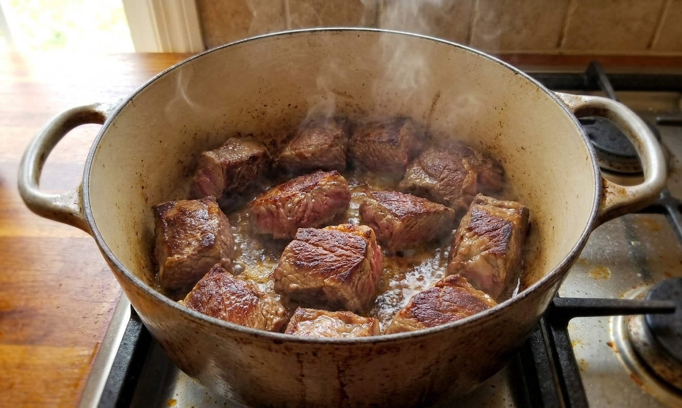 Beef chunks searing in a Dutch oven on a stovetop with browned edges forming