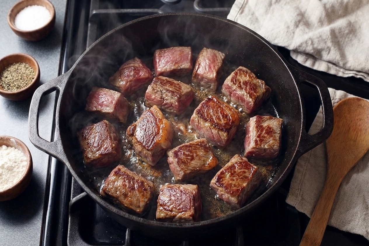Beef chunks searing in a Dutch oven with a browned crust forming on the surface