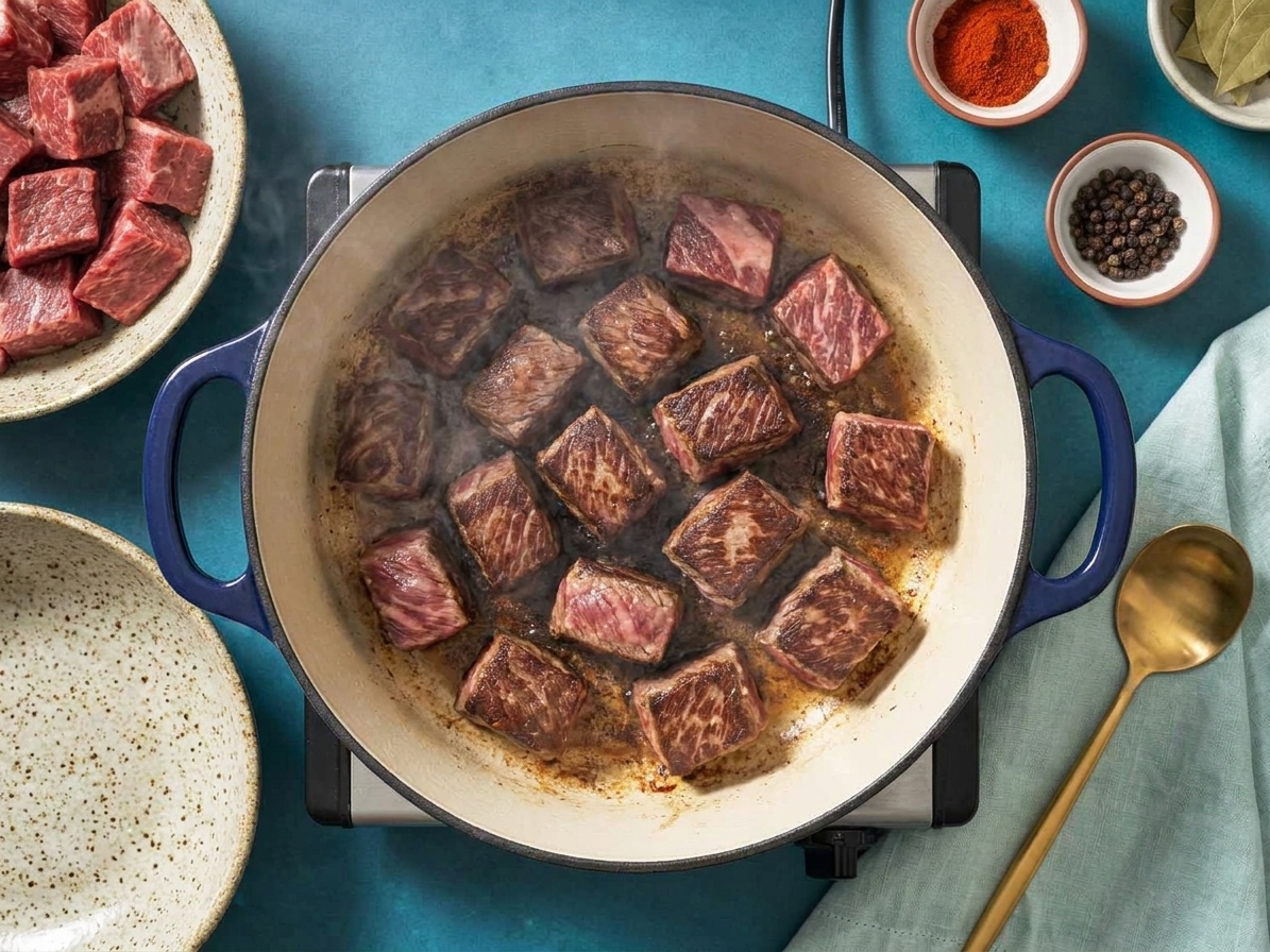 Beef chunks searing in a Dutch oven with browned edges forming in the pan