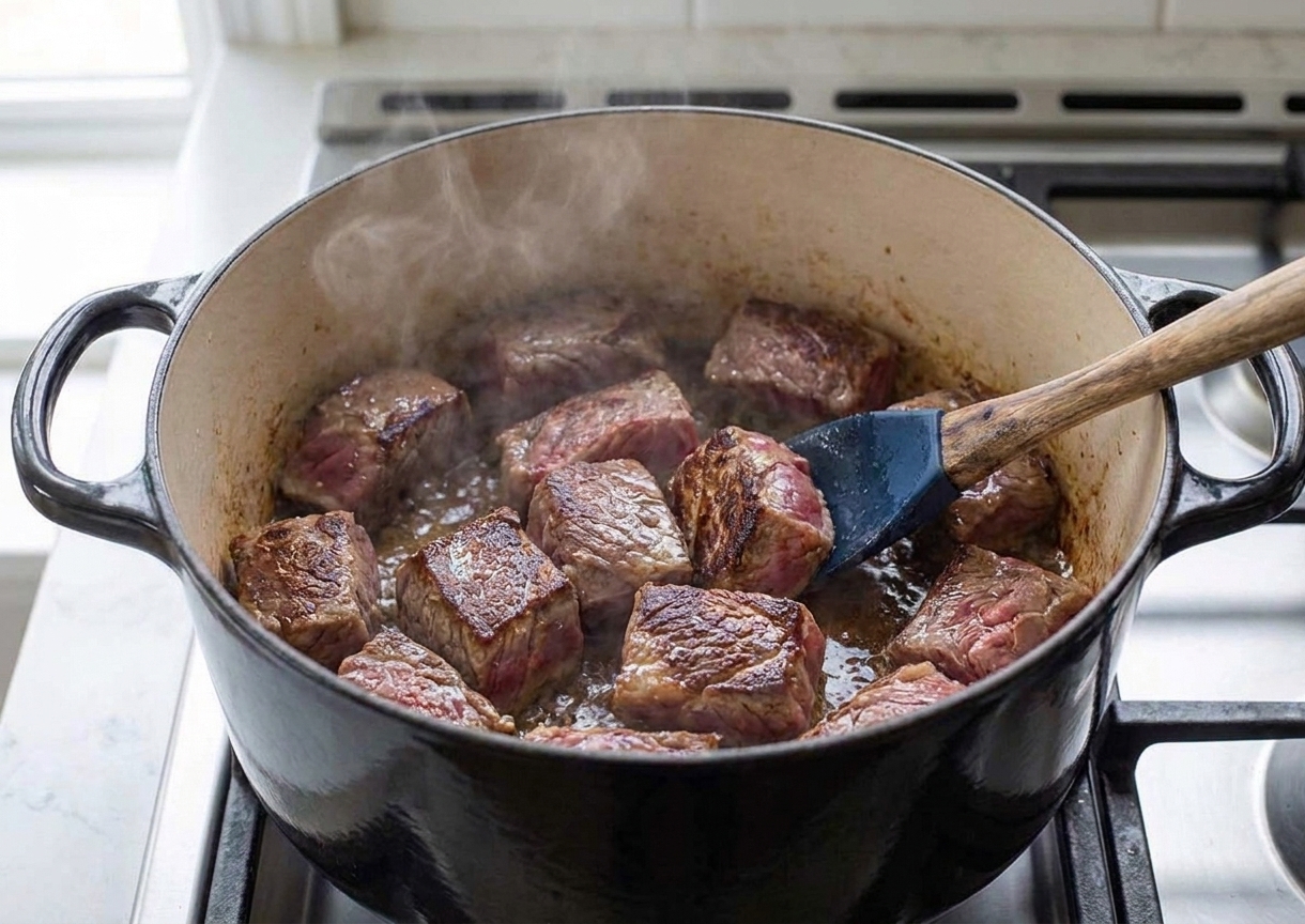 Beef chunks searing in a hot Dutch oven with dark browned edges forming