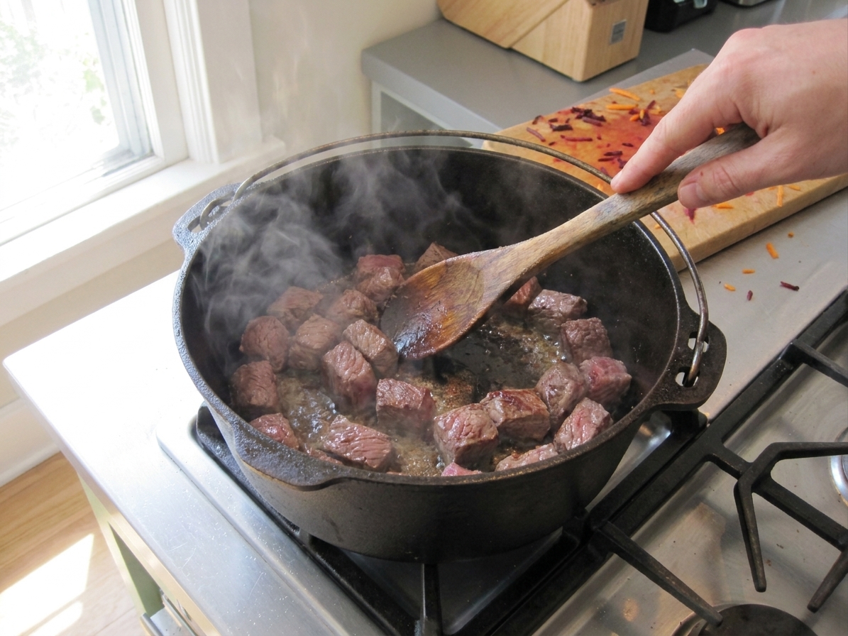 Beef cubes browning in a Dutch oven on a stovetop with a wooden spoon nearby