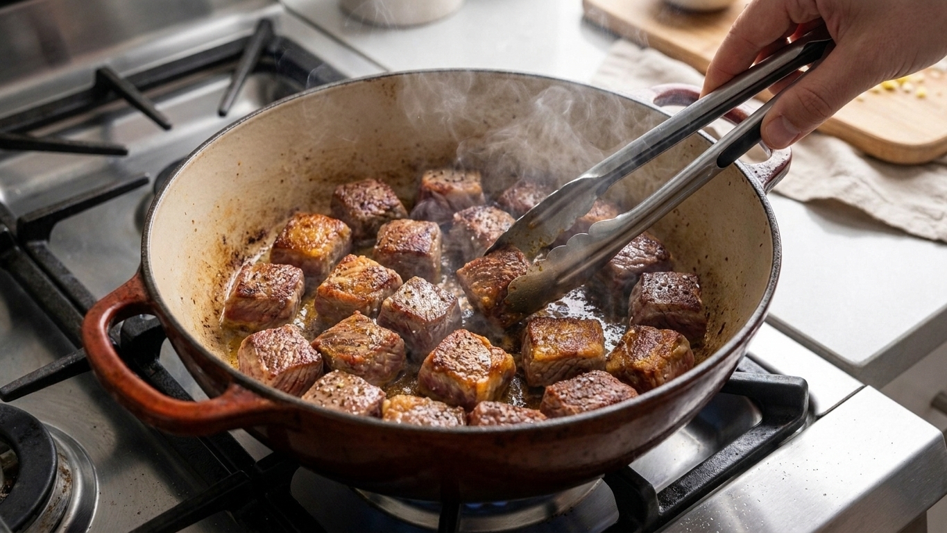 Beef cubes browning in a Dutch oven on a stovetop with golden crust forming on the edges