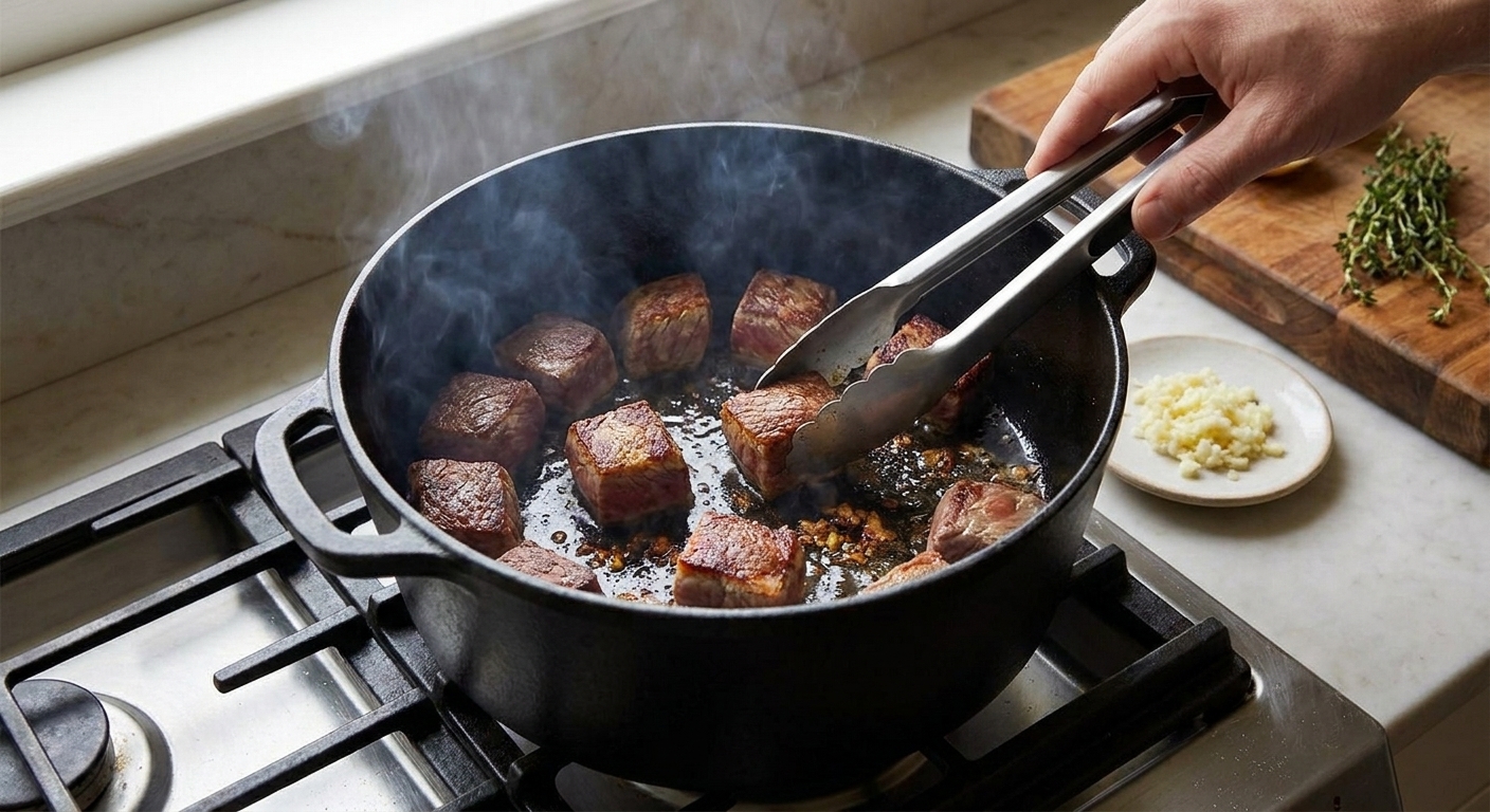 Beef cubes browning in a Dutch oven with a golden crust forming on the edges