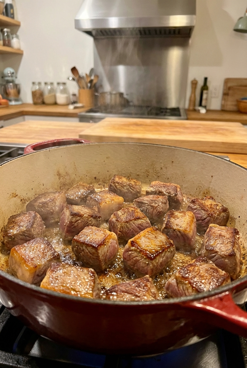 Beef cubes browning in a Dutch oven with golden brown edges